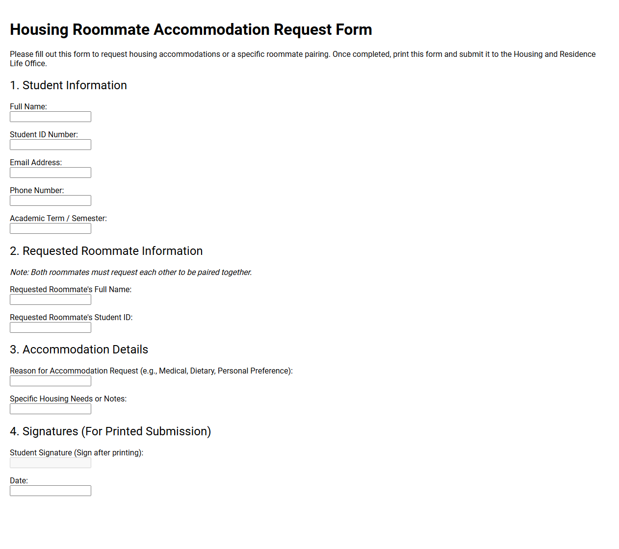 Housing Roommate Accommodation Request Form