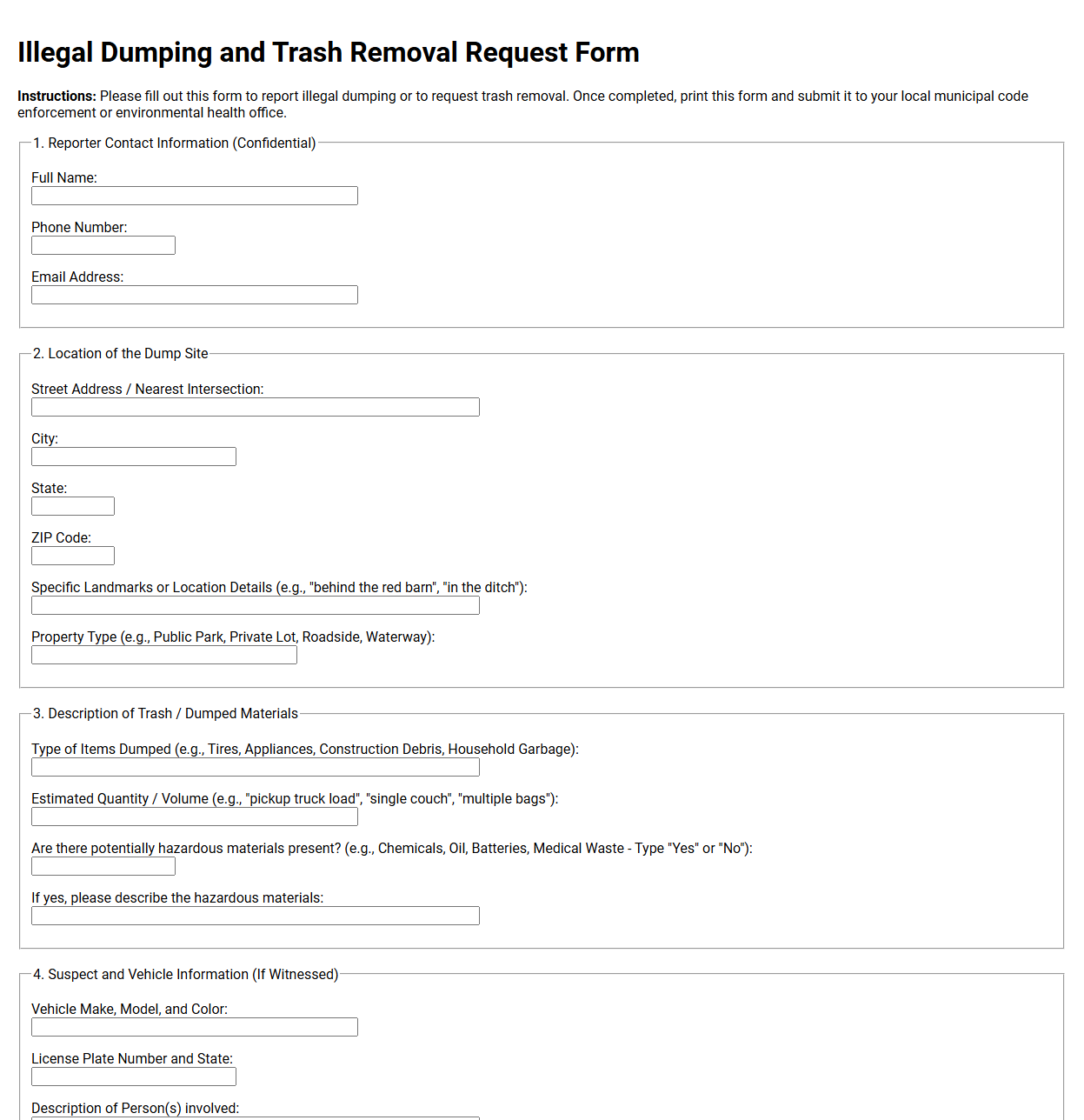 Illegal Dumping and Trash Removal Request Form