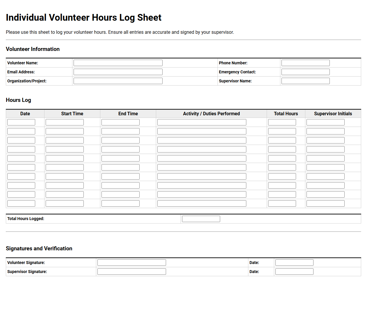 Individual Volunteer Hours Log Sheet