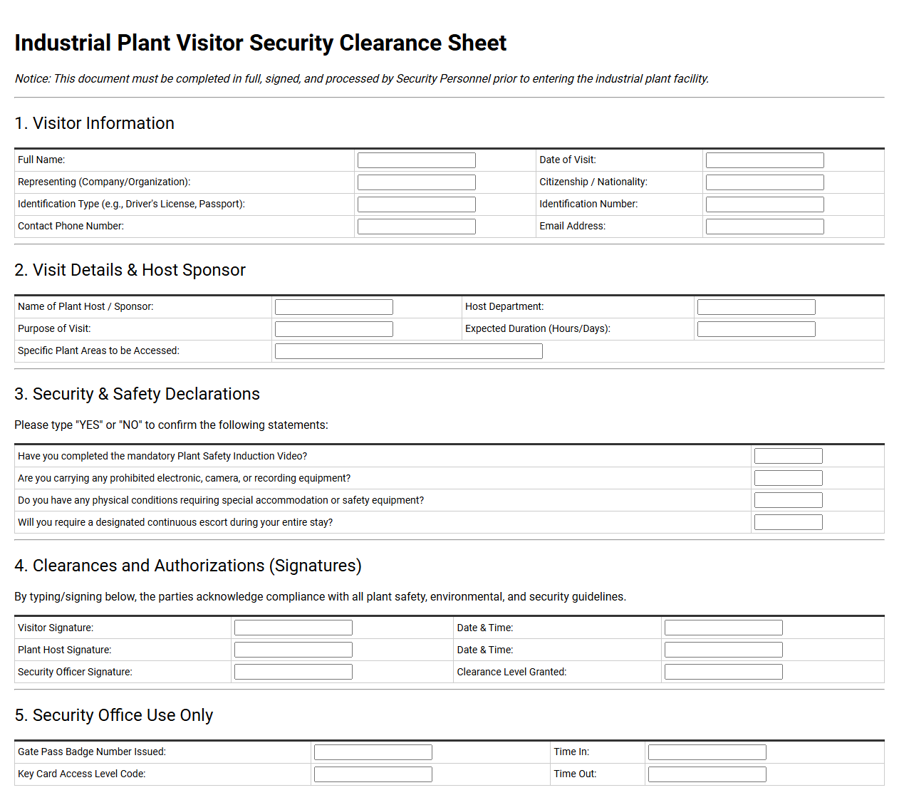 Industrial Plant Visitor Security Clearance Sheet