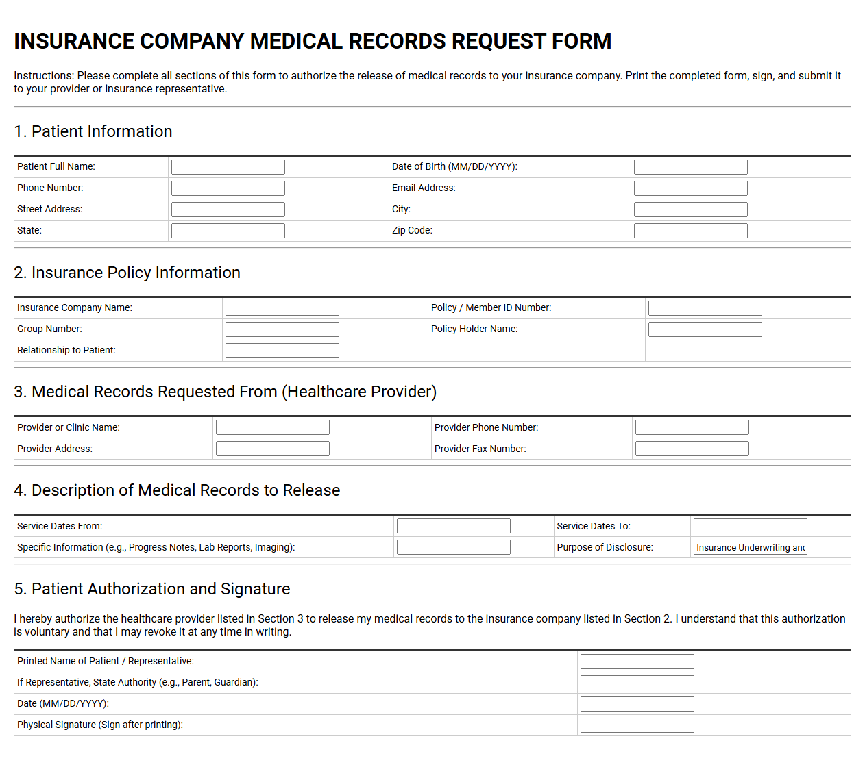 Insurance Company Medical Records Request Form