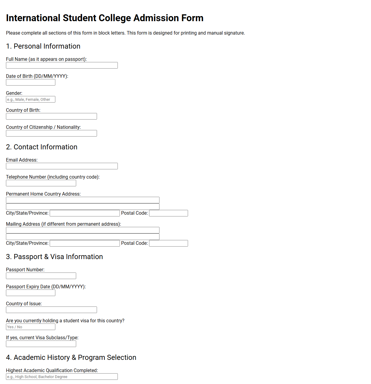 International Student College Admission Form