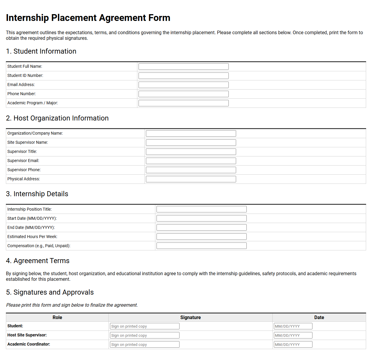 Internship Placement Agreement Form