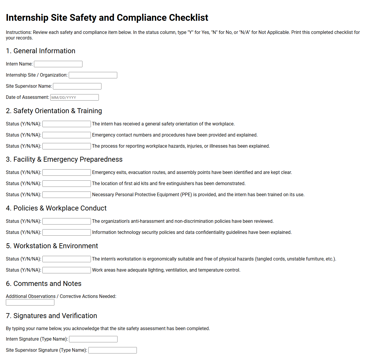 Internship Site Safety and Compliance Checklist