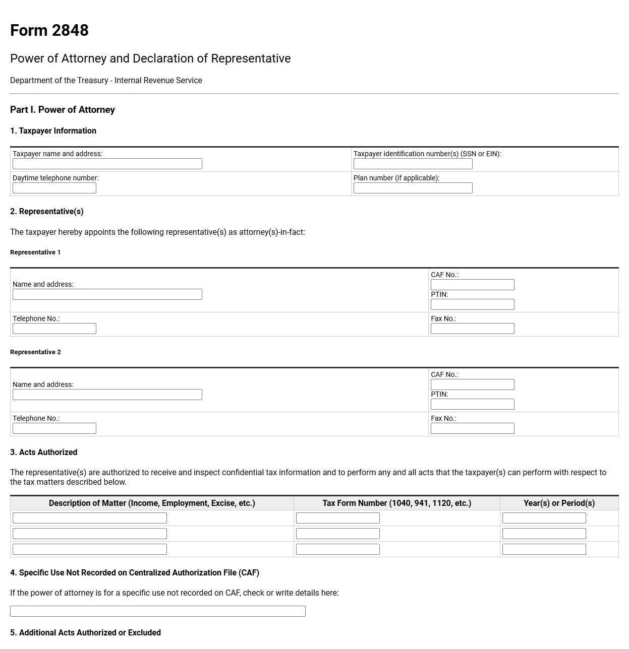 IRS Form 2848 Power of Attorney Template