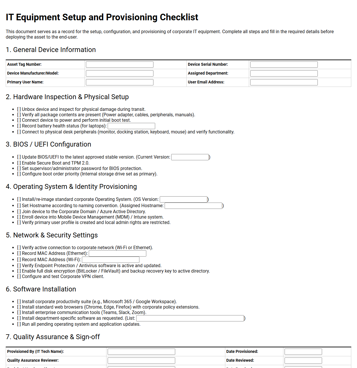 IT Equipment Setup and Provisioning Checklist