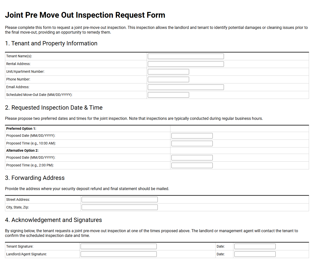 Joint Pre Move Out Inspection Request Form