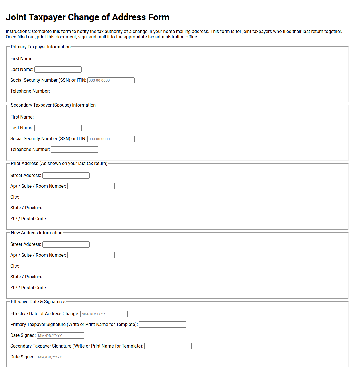 Joint Taxpayer Change of Address Form Template