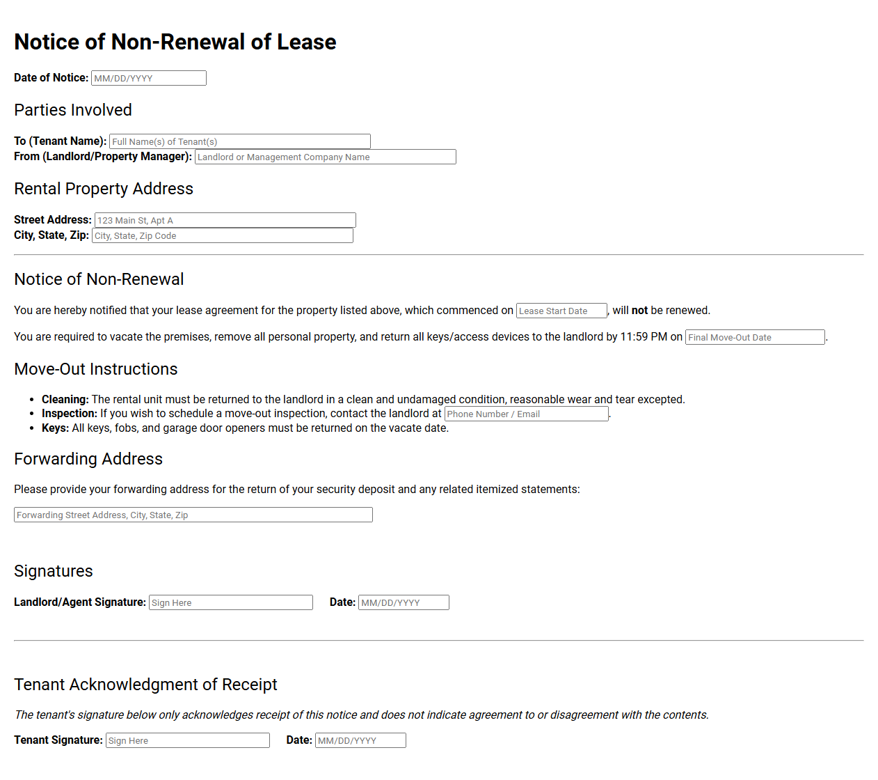Landlord Notice of Lease Non Renewal