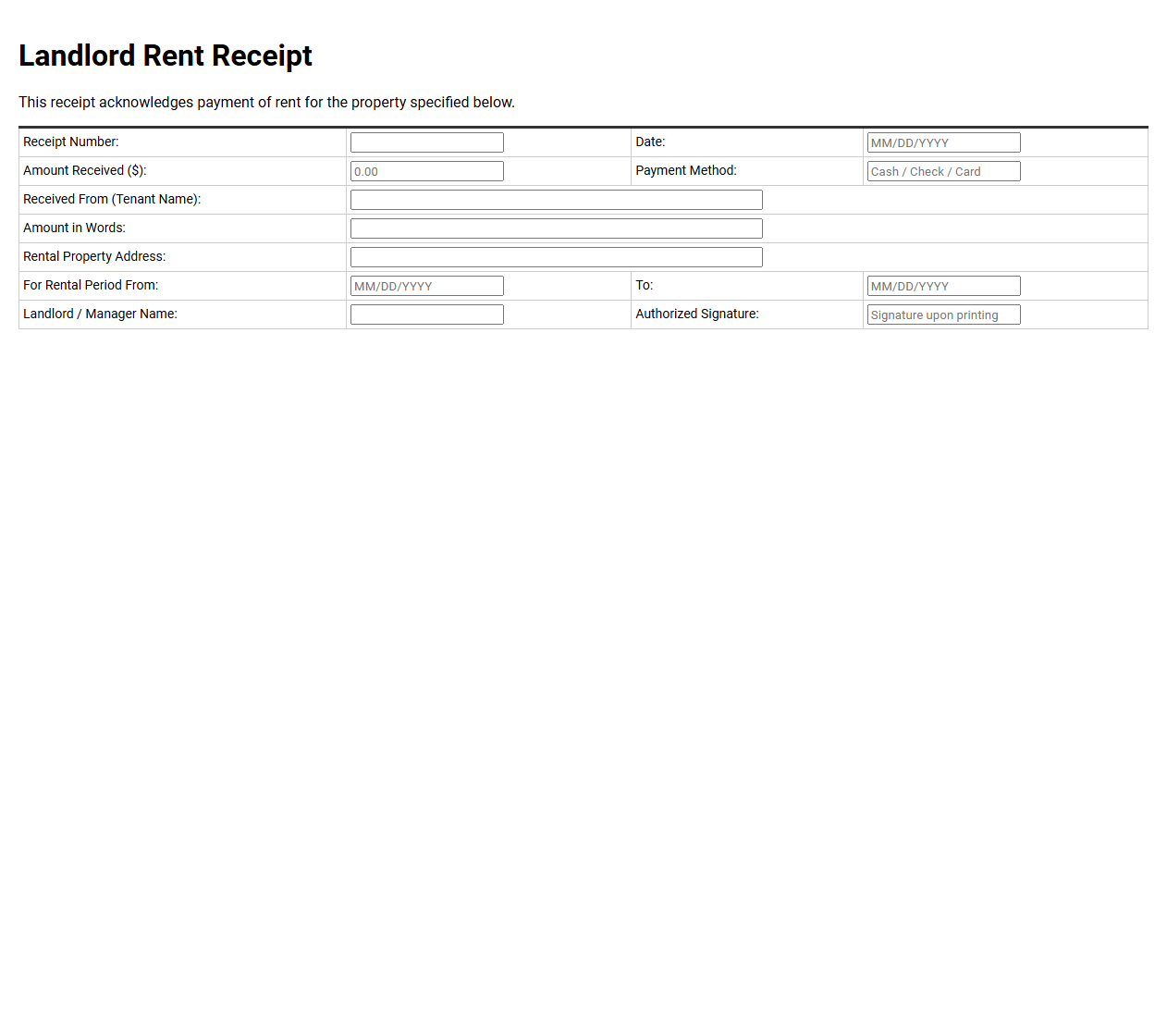 Landlord Rent Receipt Form Template