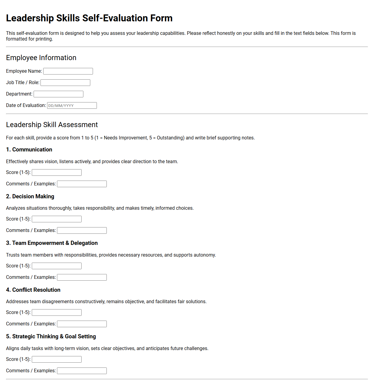 Leadership Skills Self Evaluation Form