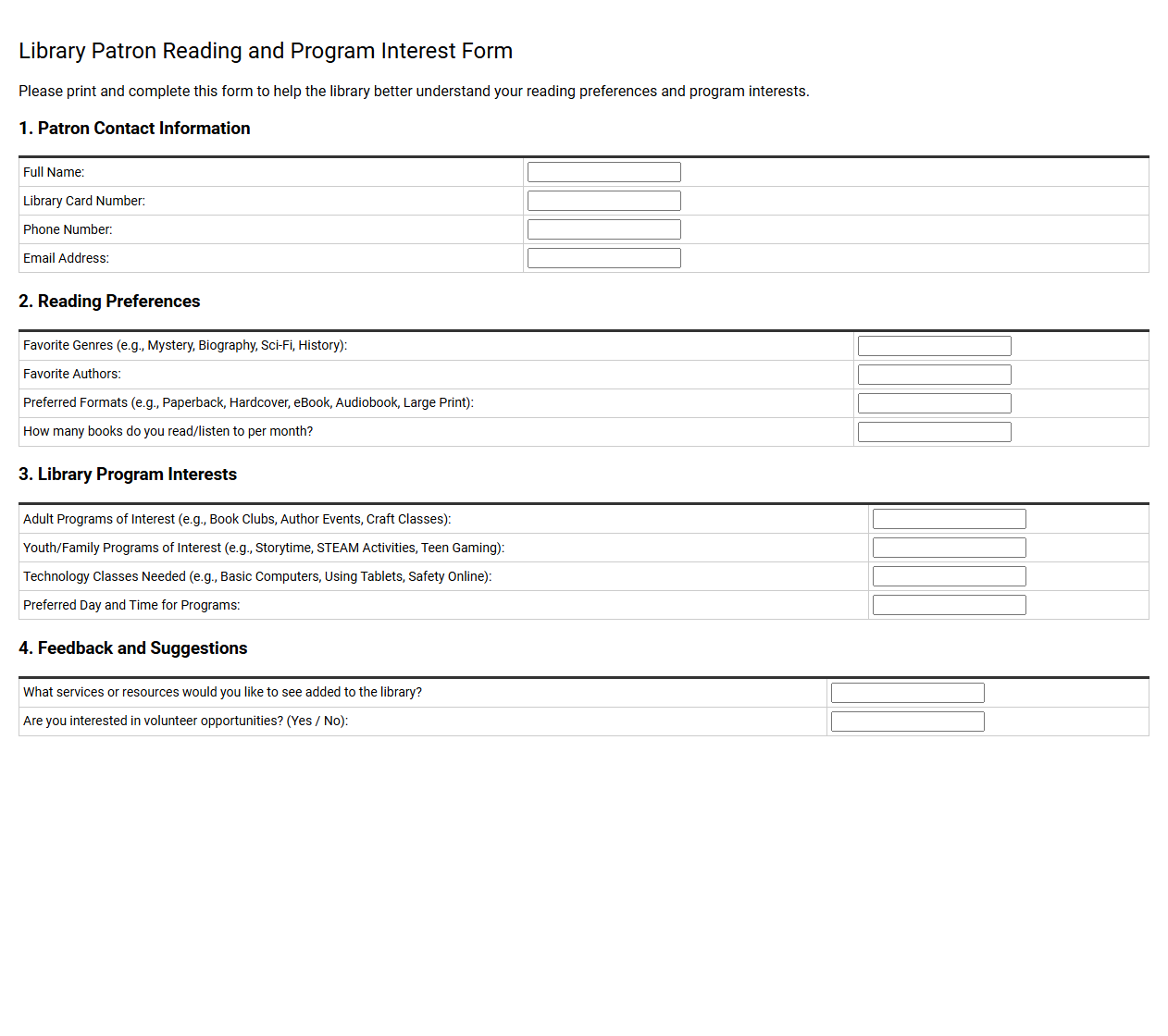 Library Patron Reading and Program Interest Form