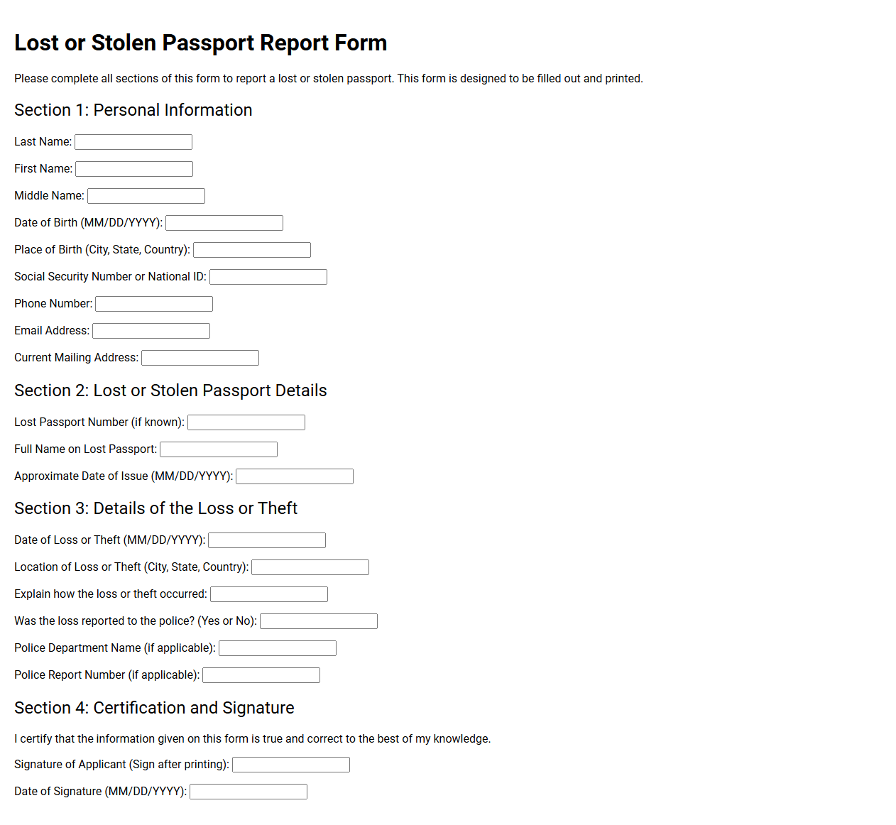Lost or Stolen Passport Report Form