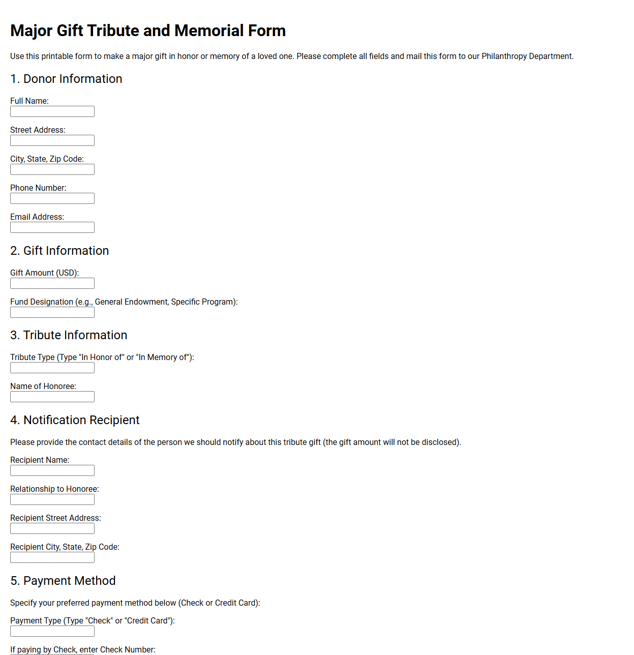 Major Gift Tribute and Memorial Form