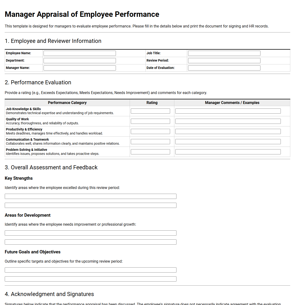 Manager Appraisal of Employee Performance Template