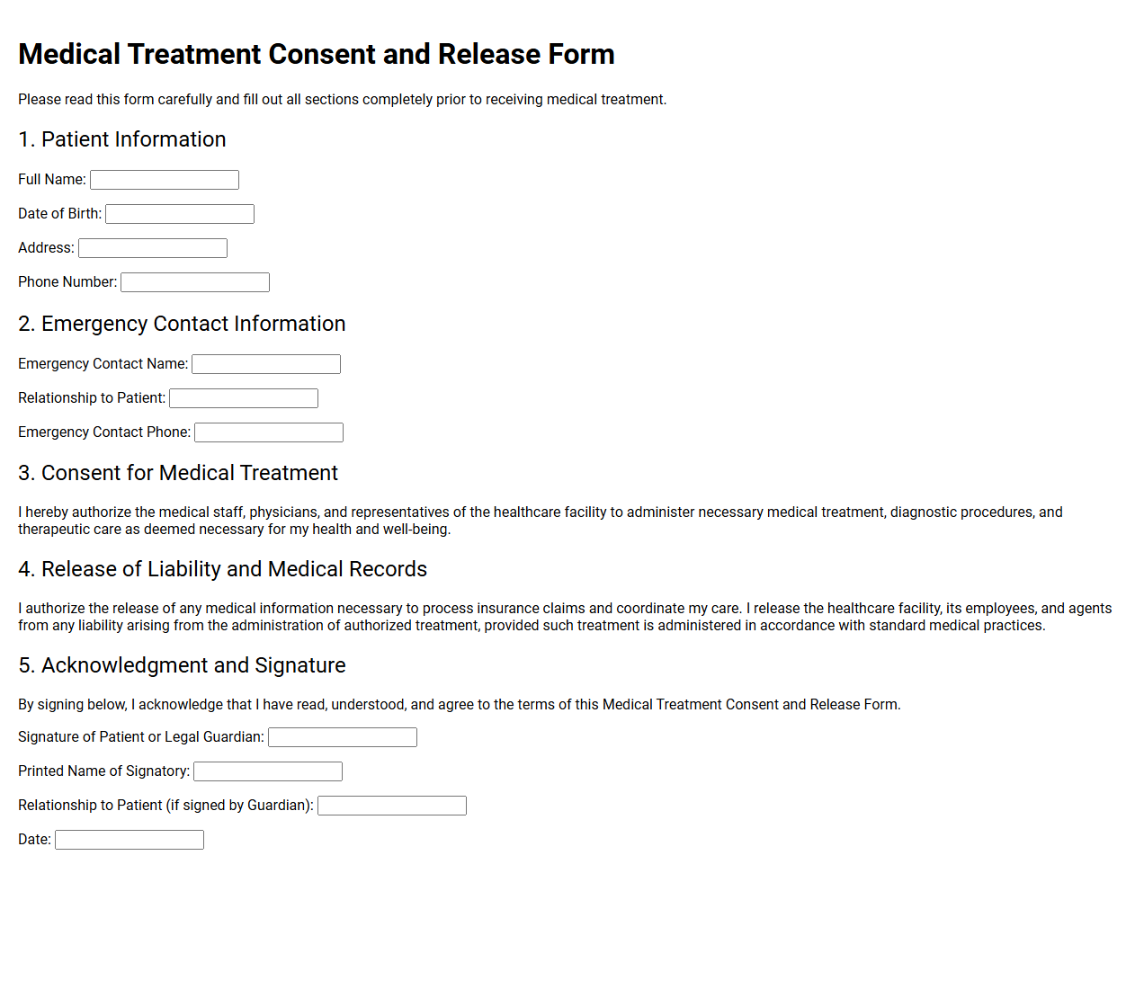 Medical Treatment Consent and Release Form