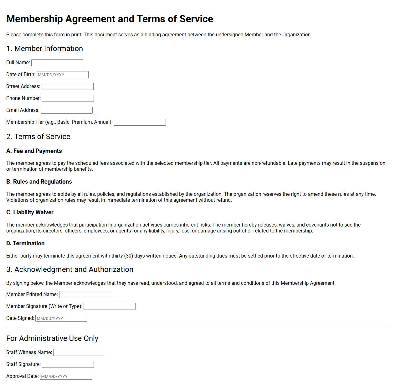 Membership Agreement and Terms of Service
