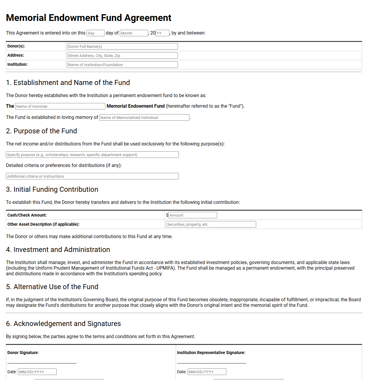 Memorial Endowment Fund Agreement Template