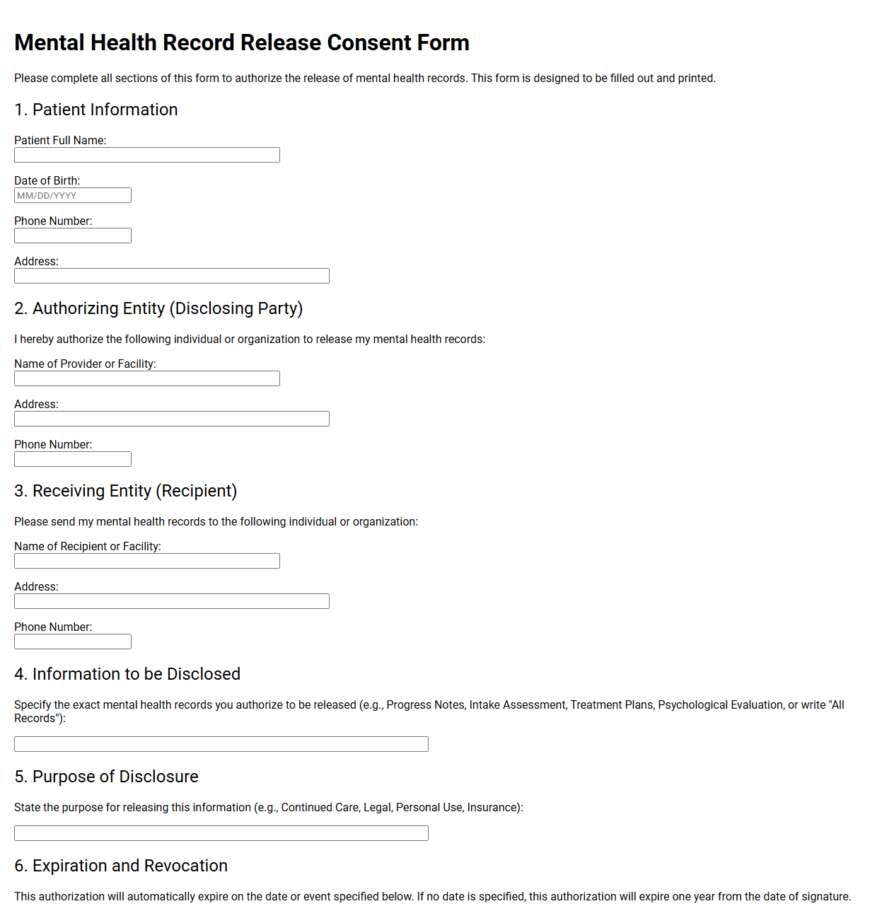 Mental Health Record Release Consent Form