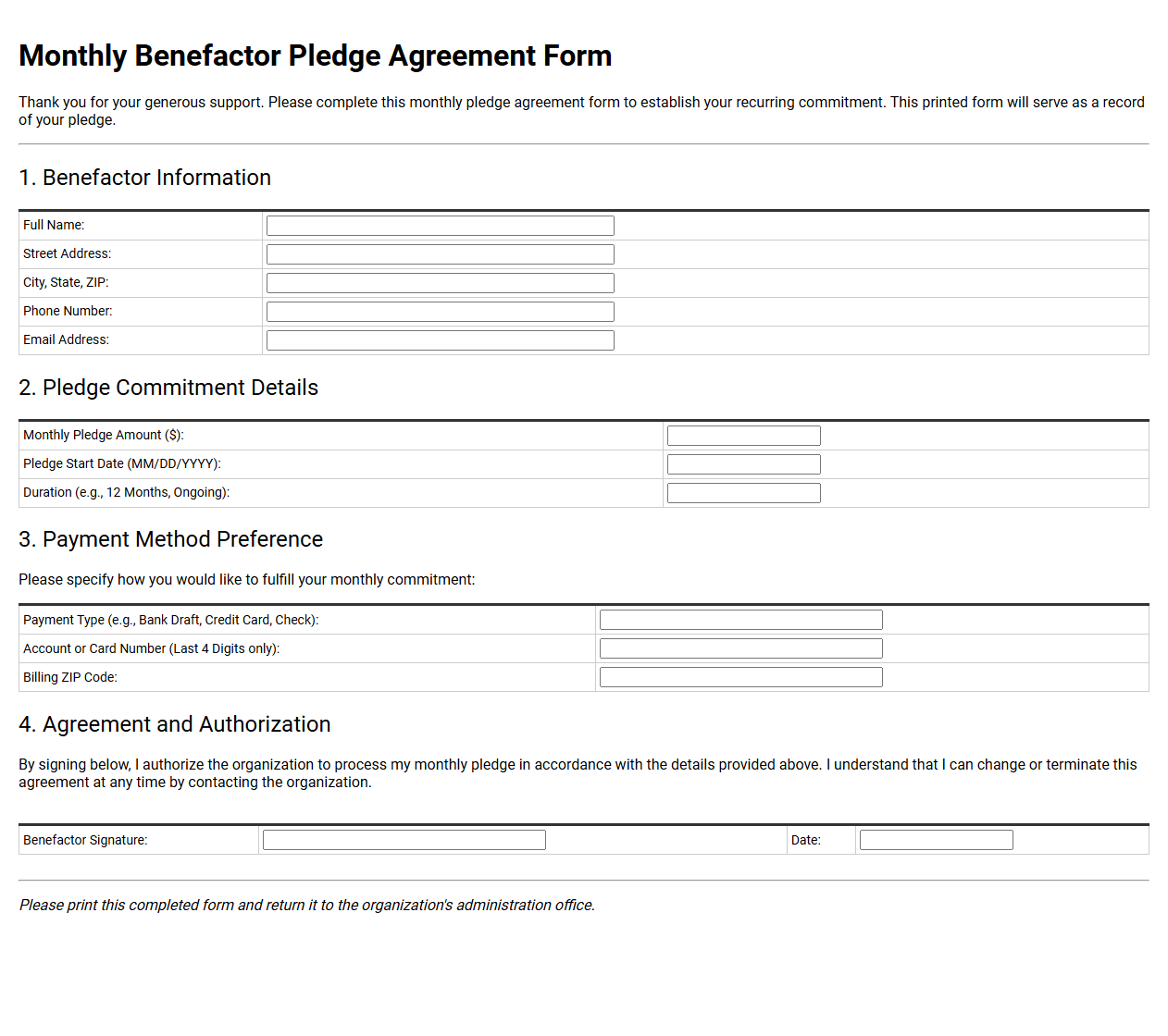 Monthly Benefactor Pledge Agreement Form