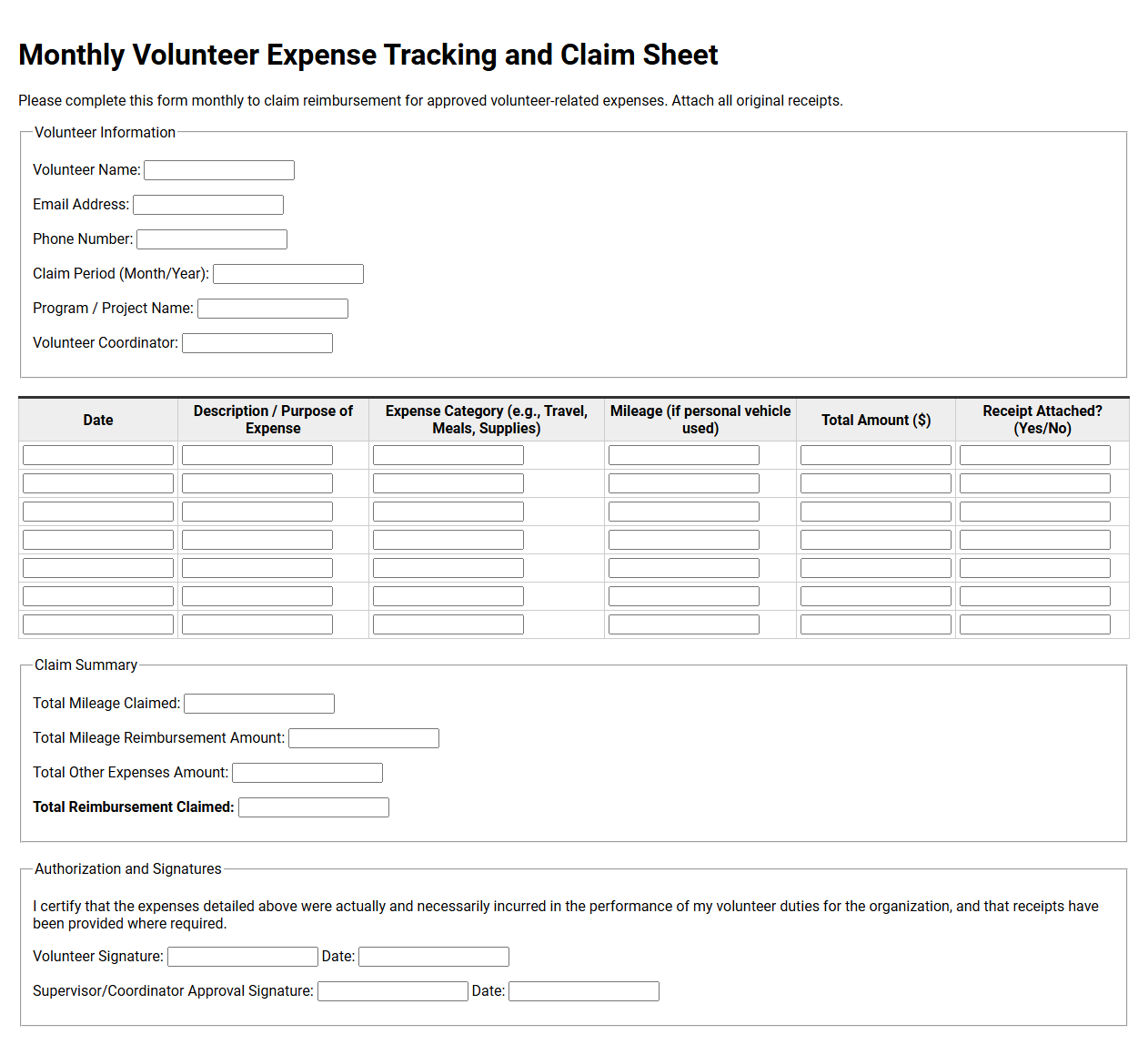 Monthly Volunteer Expense Tracking and Claim Sheet