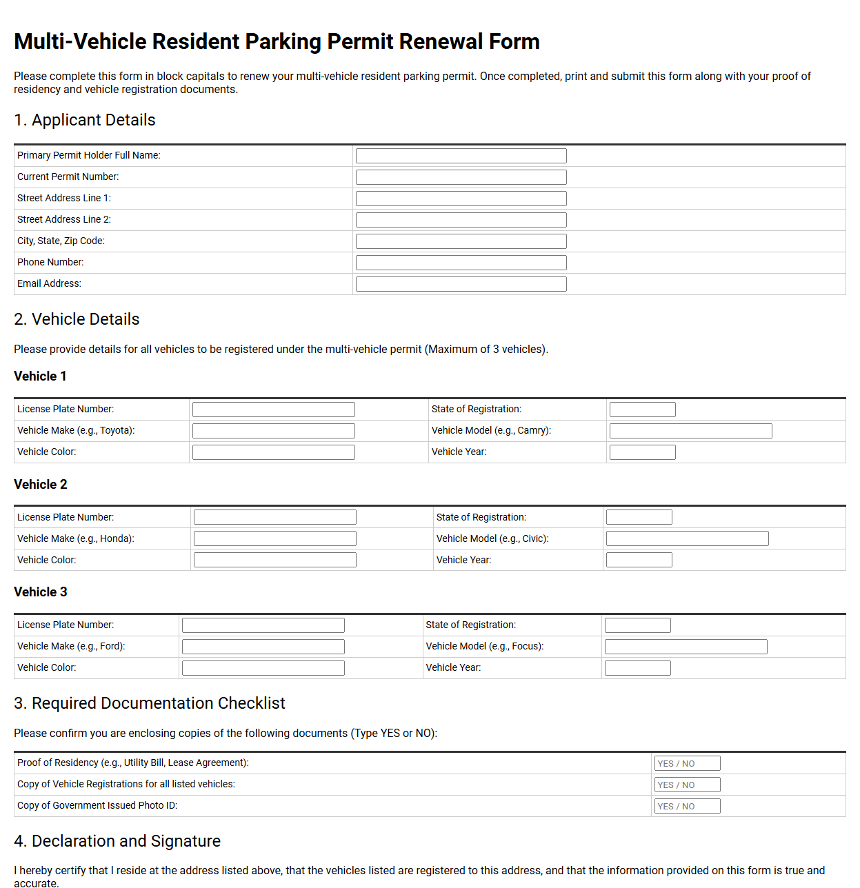 Multi Vehicle Resident Parking Permit Renewal Form