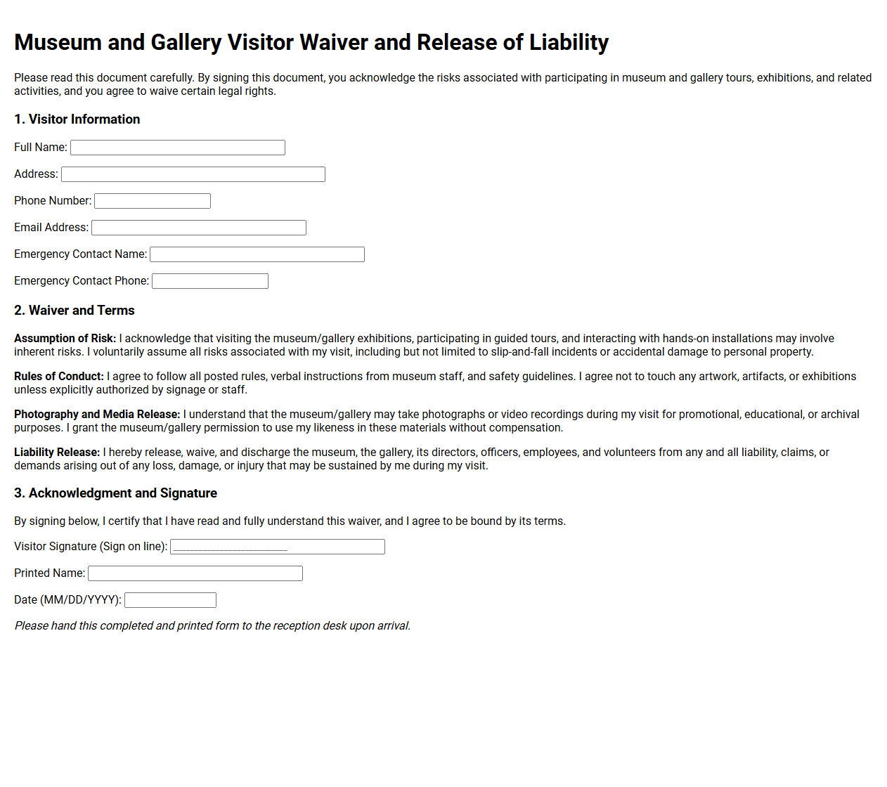 Museum and Gallery Visitor Waiver