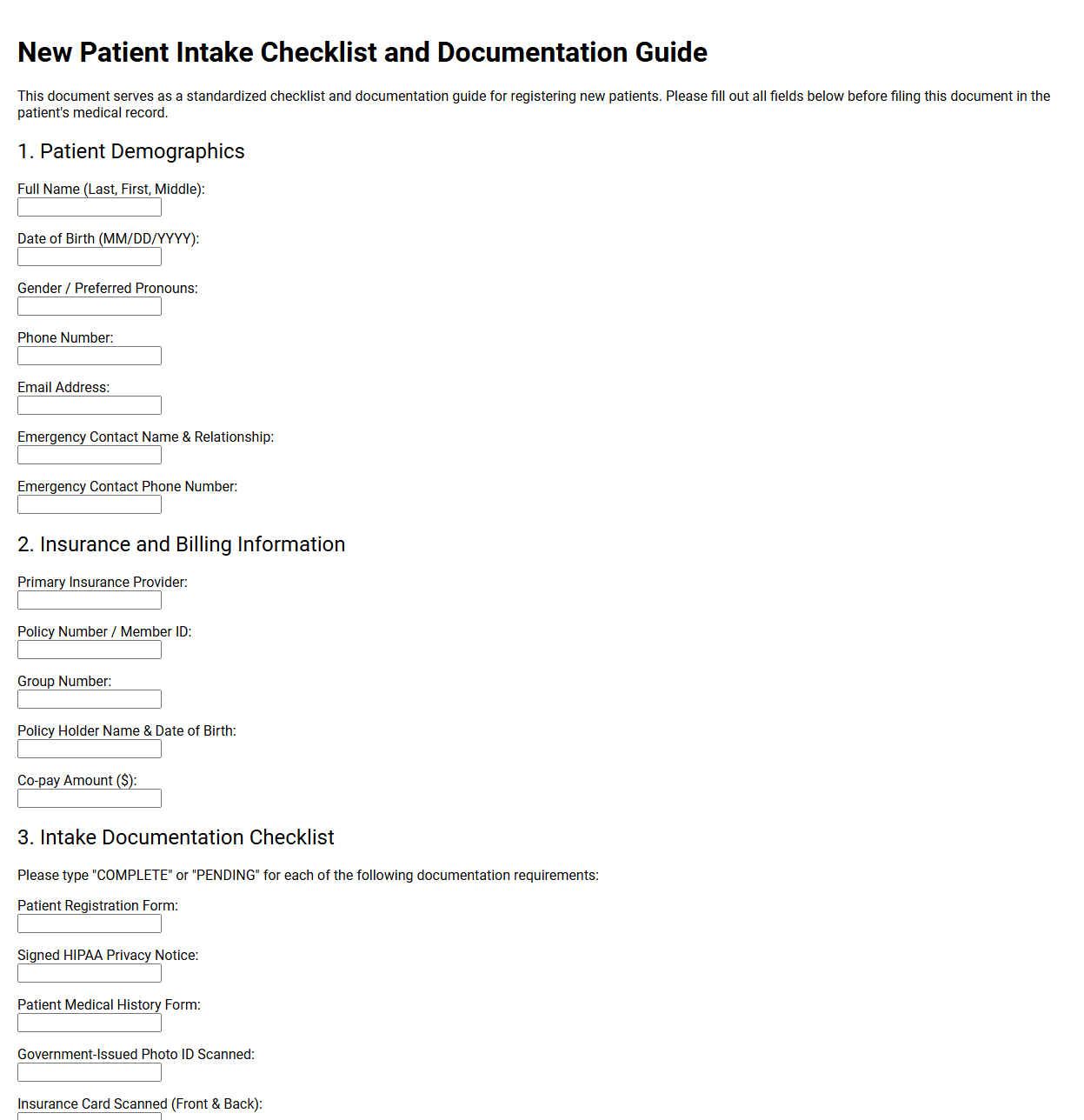 New Patient Intake Checklist and Documentation Guide