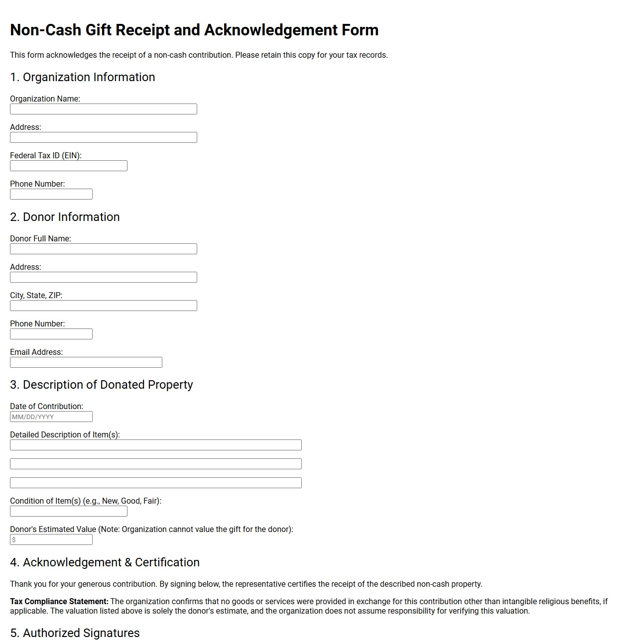 Non-Cash Gift Receipt and Acknowledgement Form
