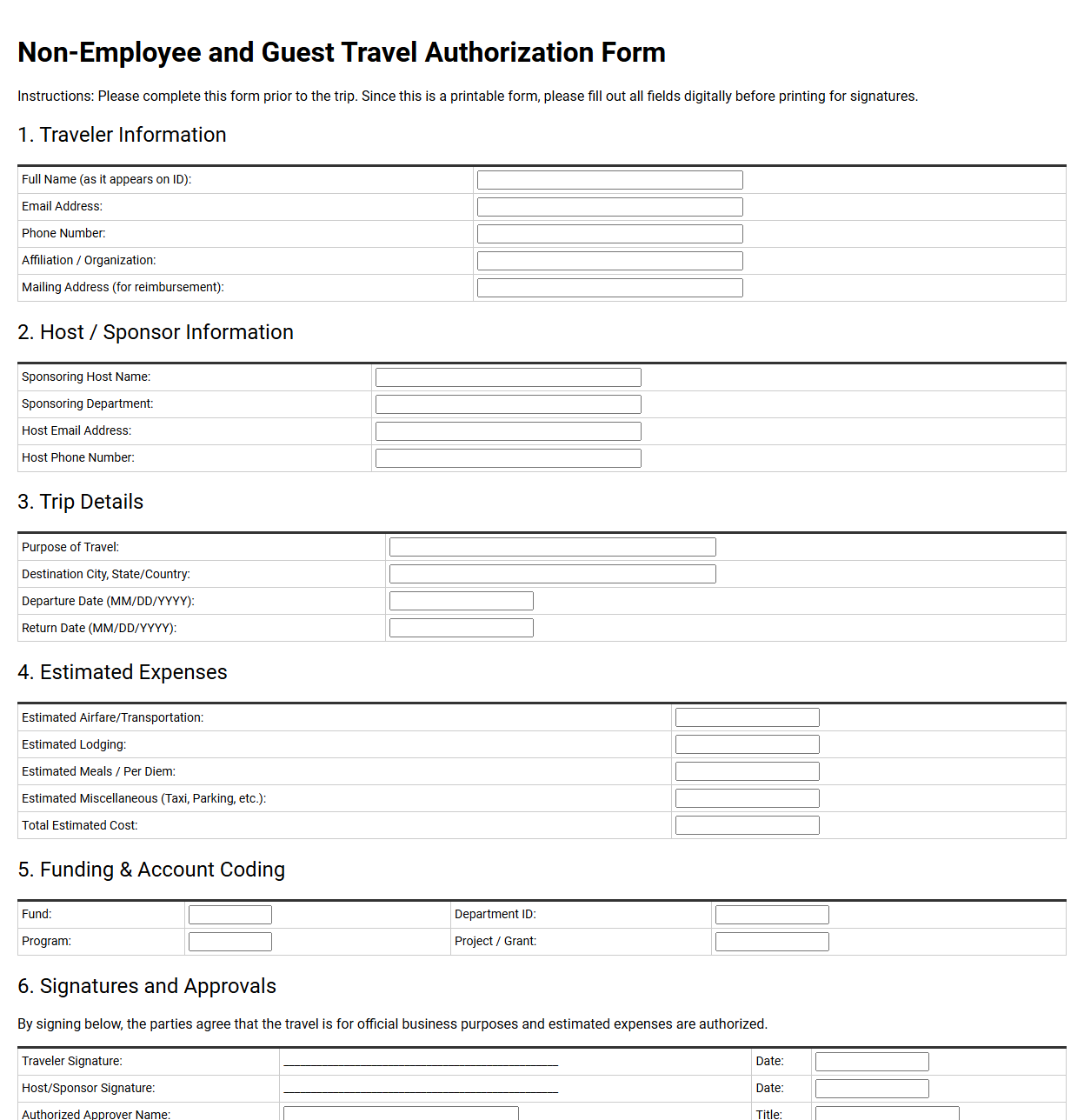 Non-Employee and Guest Travel Authorization Form
