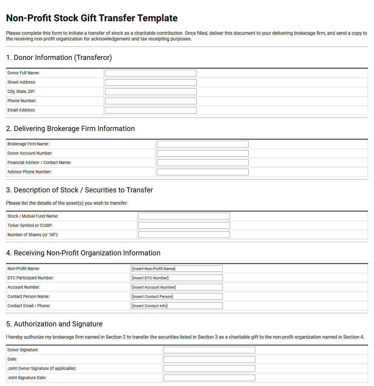 Non Profit Stock Gift Transfer Template