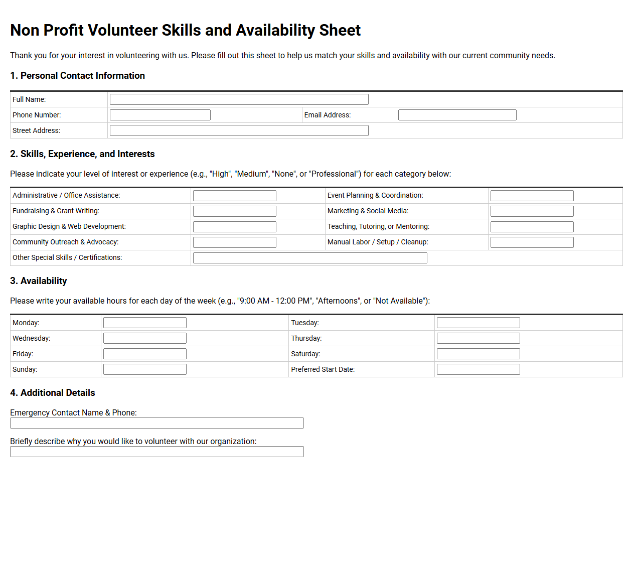 Non Profit Volunteer Skills and Availability Sheet