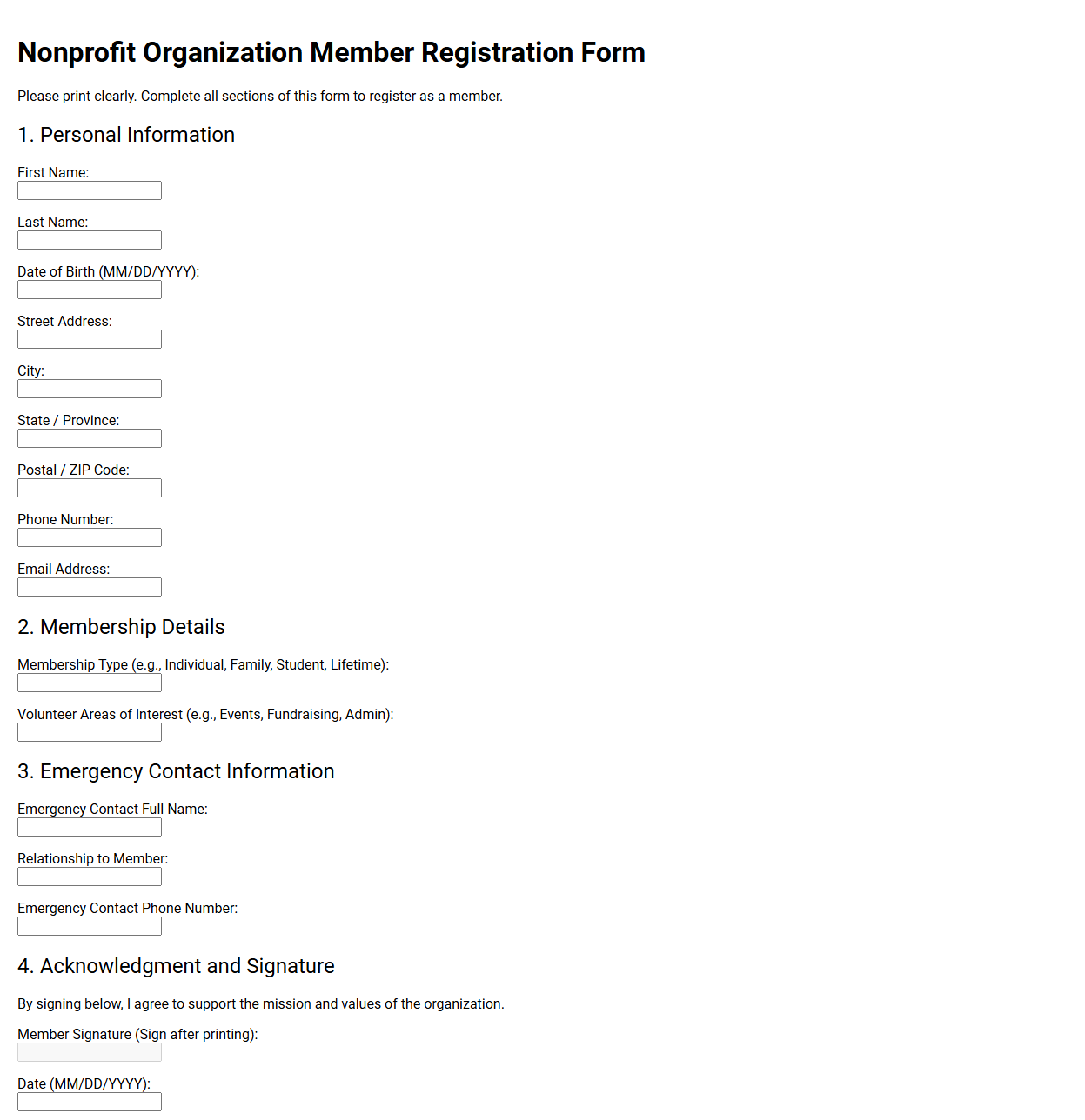 Nonprofit Organization Member Registration Form