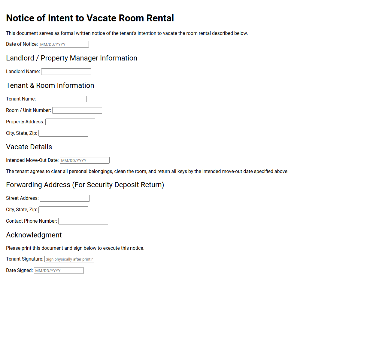 Notice of Intent to Vacate Room Rental