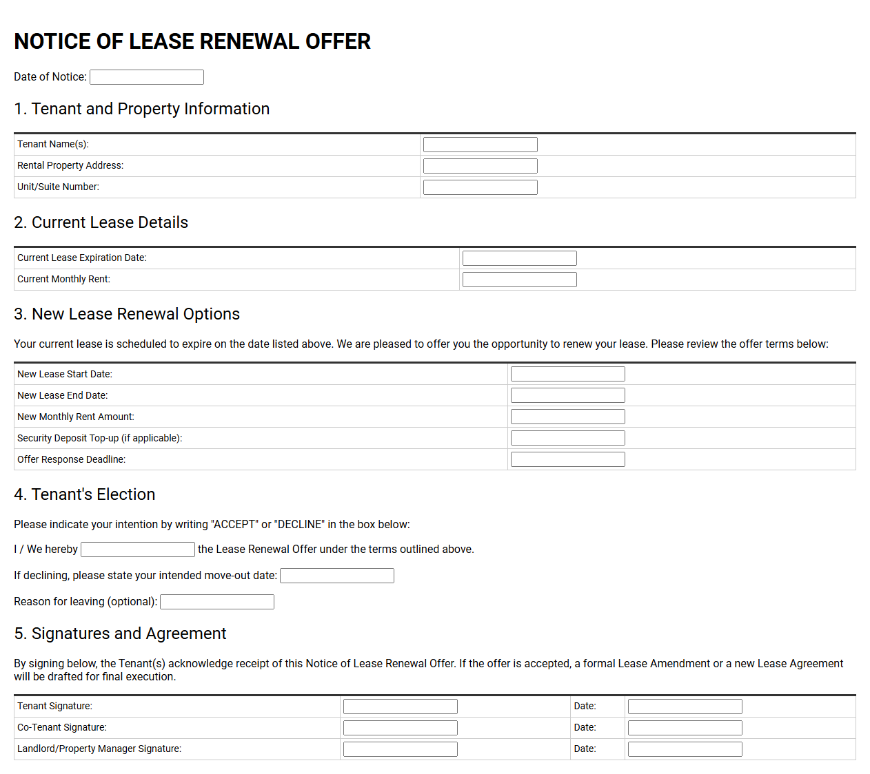 Notice of Lease Renewal Offer Form