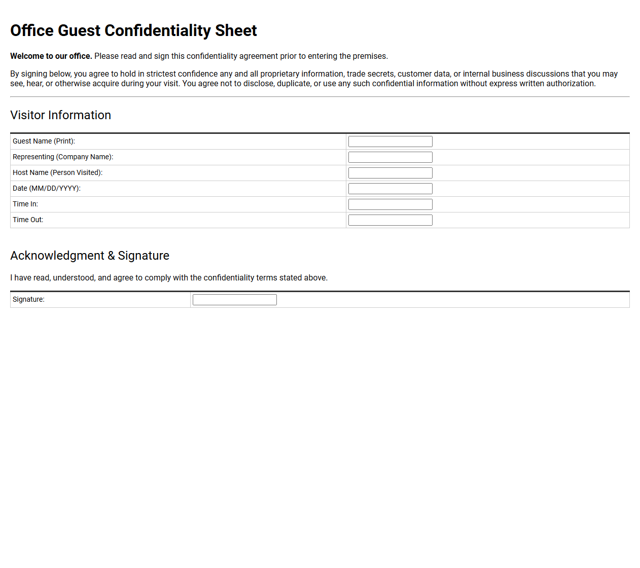 Office Guest Confidentiality Sheet Template