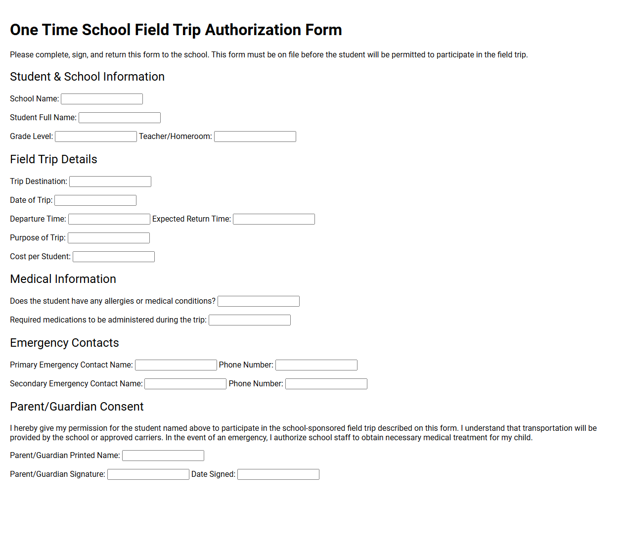 One Time School Field Trip Authorization Form