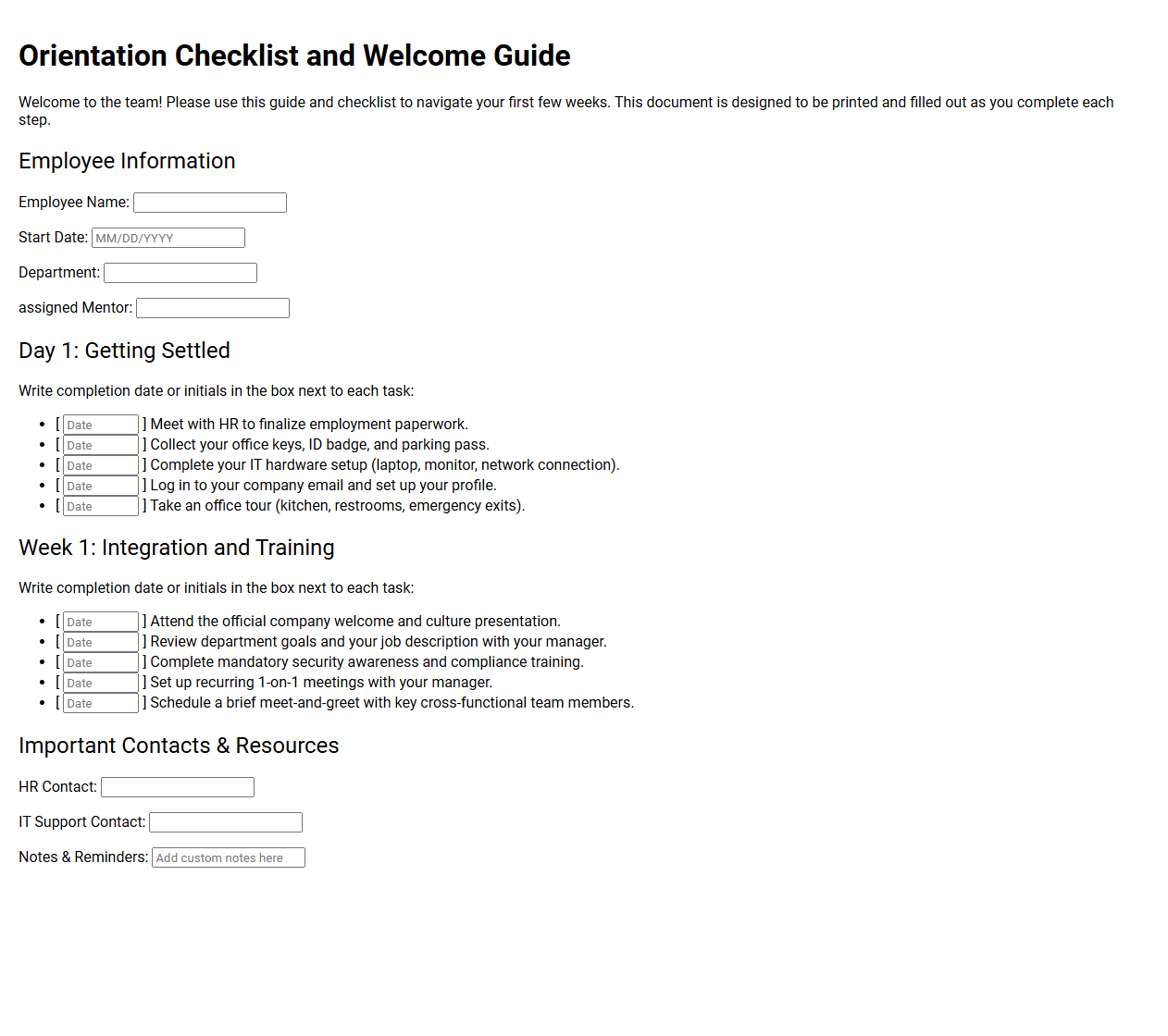 Orientation Checklist and Welcome Guide