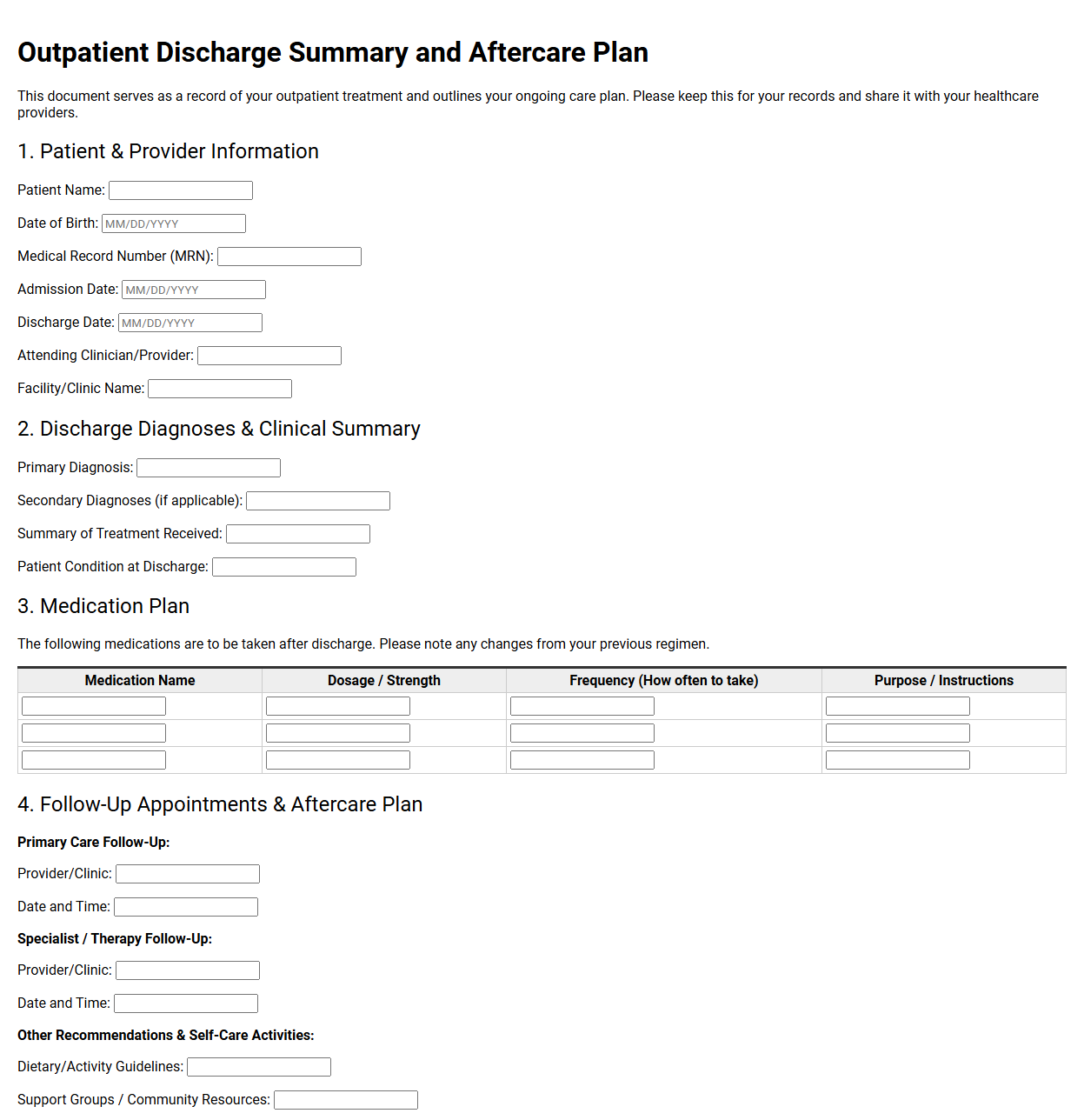 Outpatient Discharge Summary and Aftercare Plan