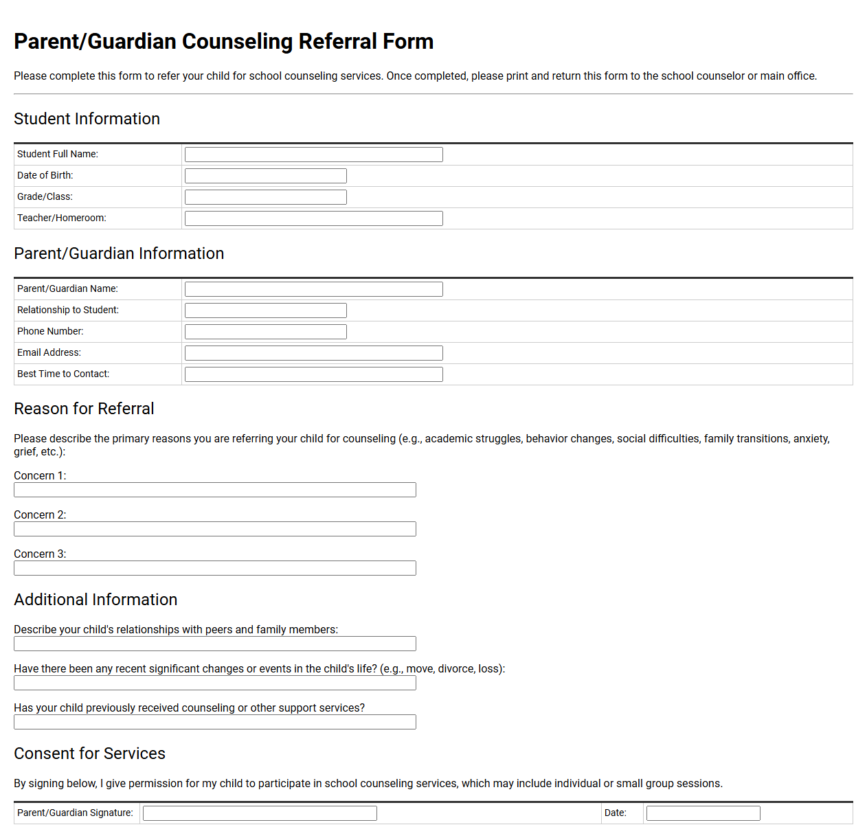 Parent Guardian Counseling Referral Form