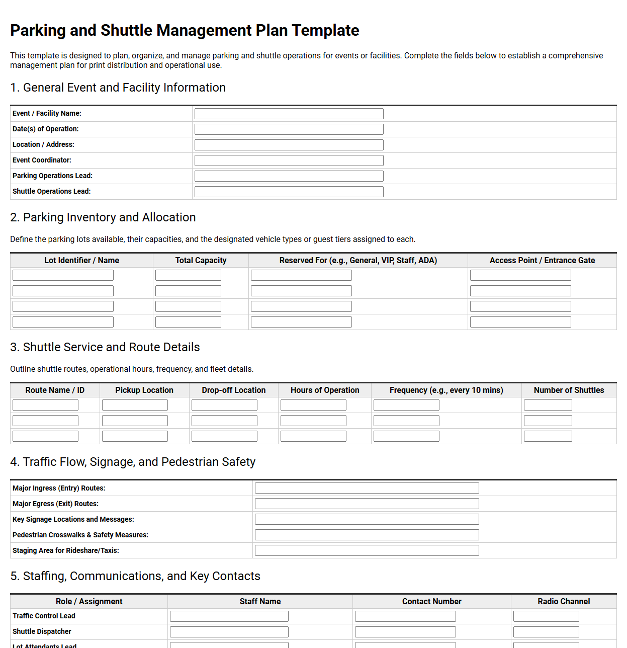 Parking and Shuttle Management Plan Template