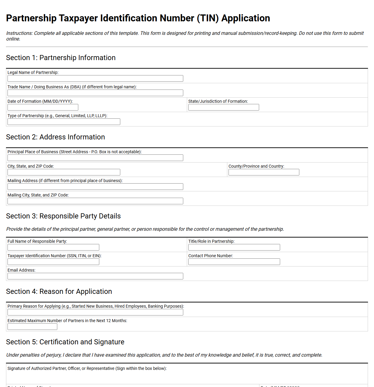 Partnership Taxpayer Identification Number Application Template