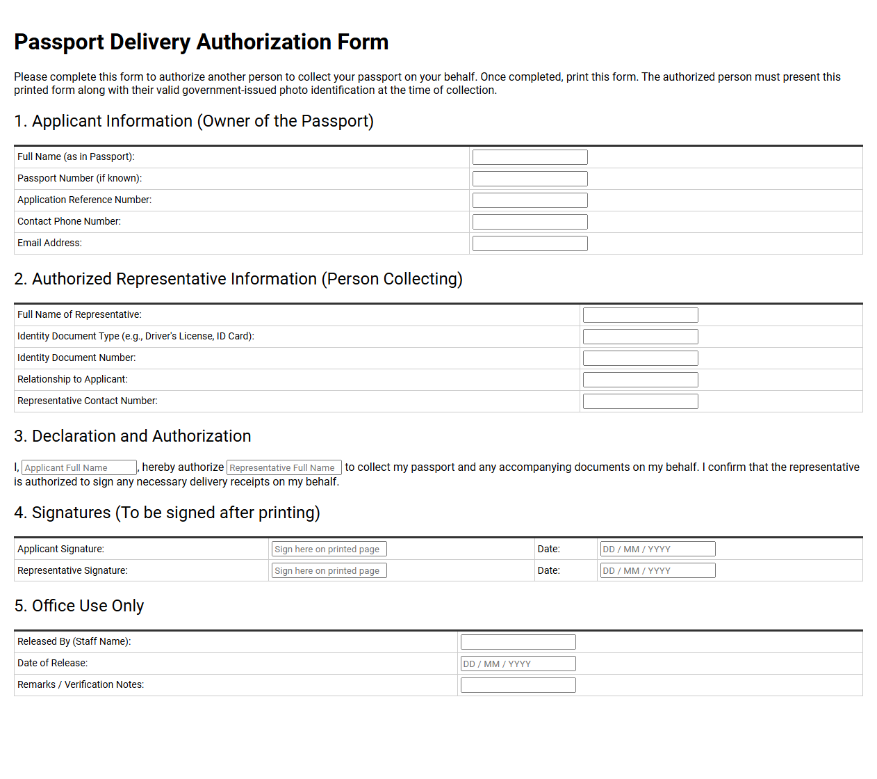 Passport Delivery Authorization Form