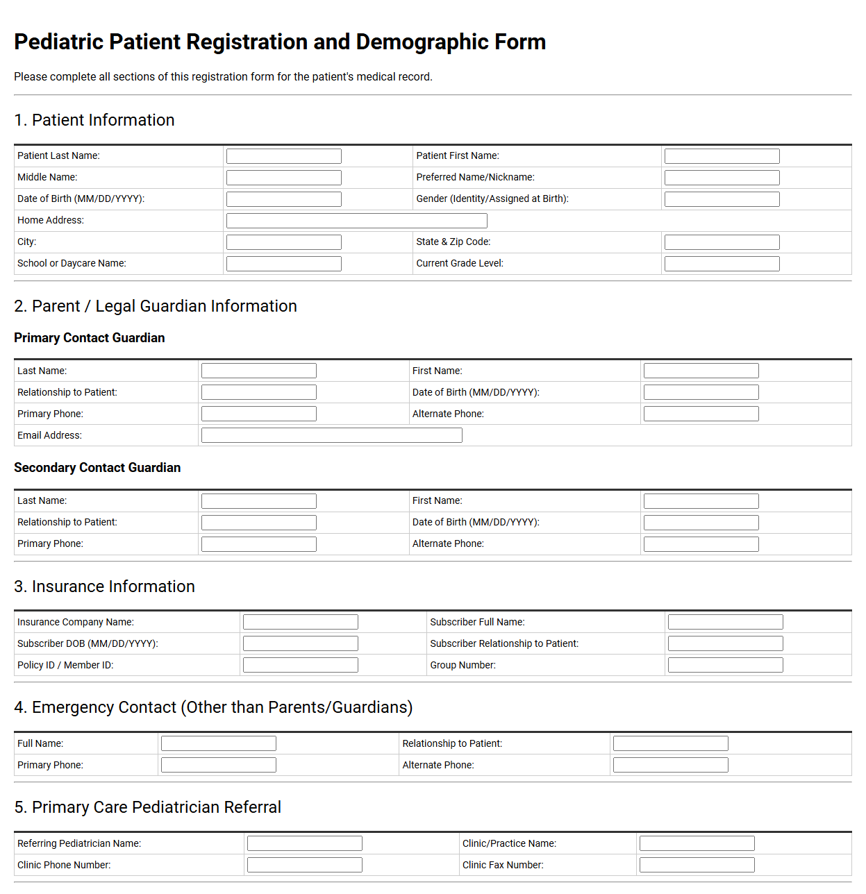 Pediatric Patient Registration and Demographic Template