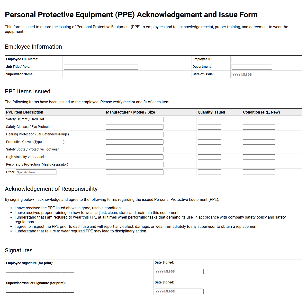 Personal Protective Equipment Acknowledgement and Issue Form