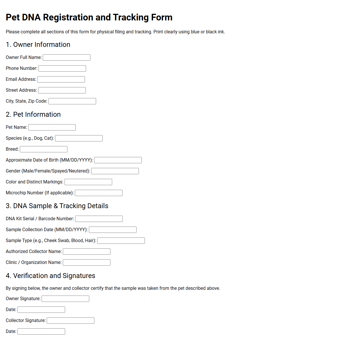 Pet DNA Registration and Tracking Form