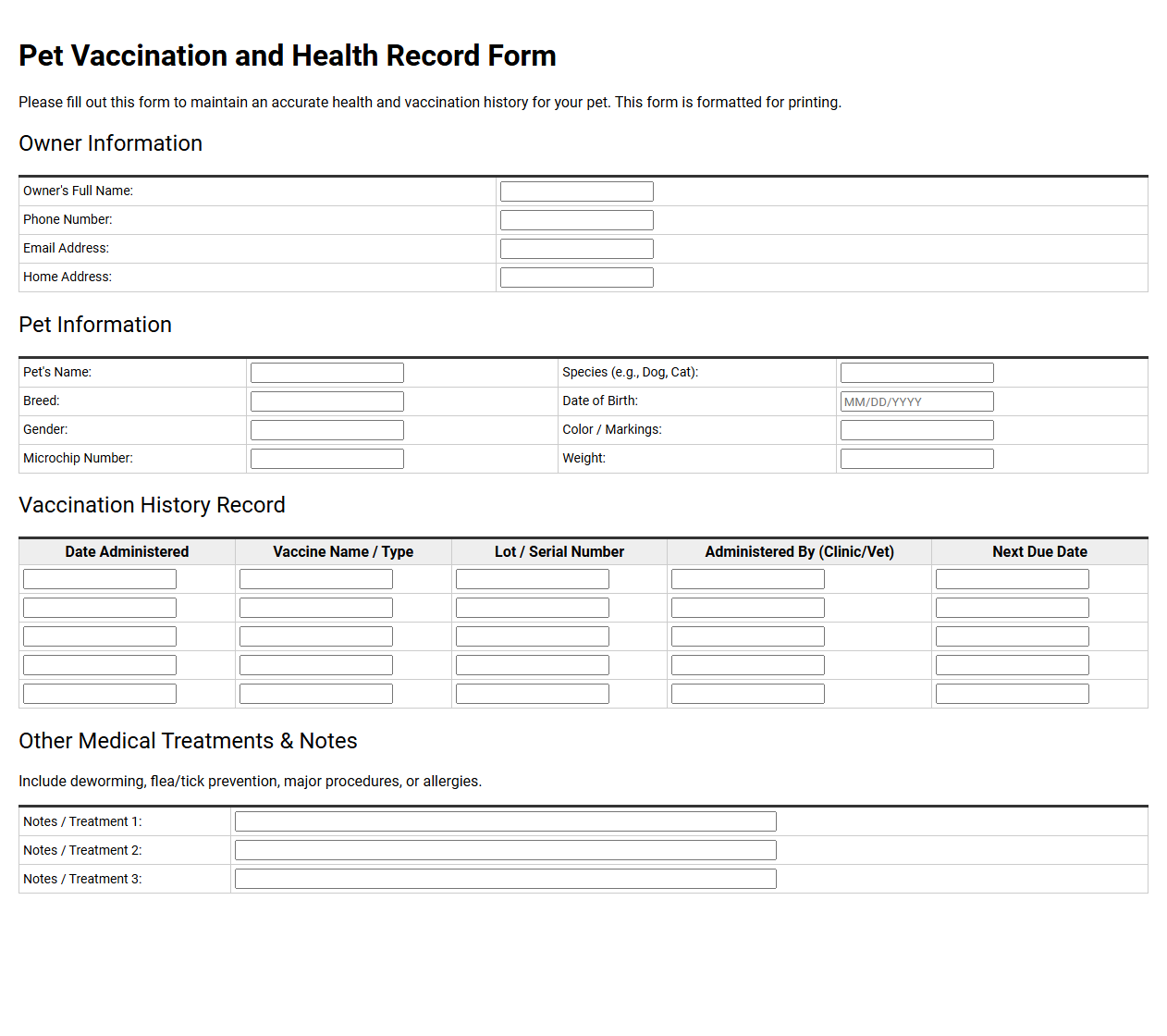 Pet Vaccination and Health Record Form