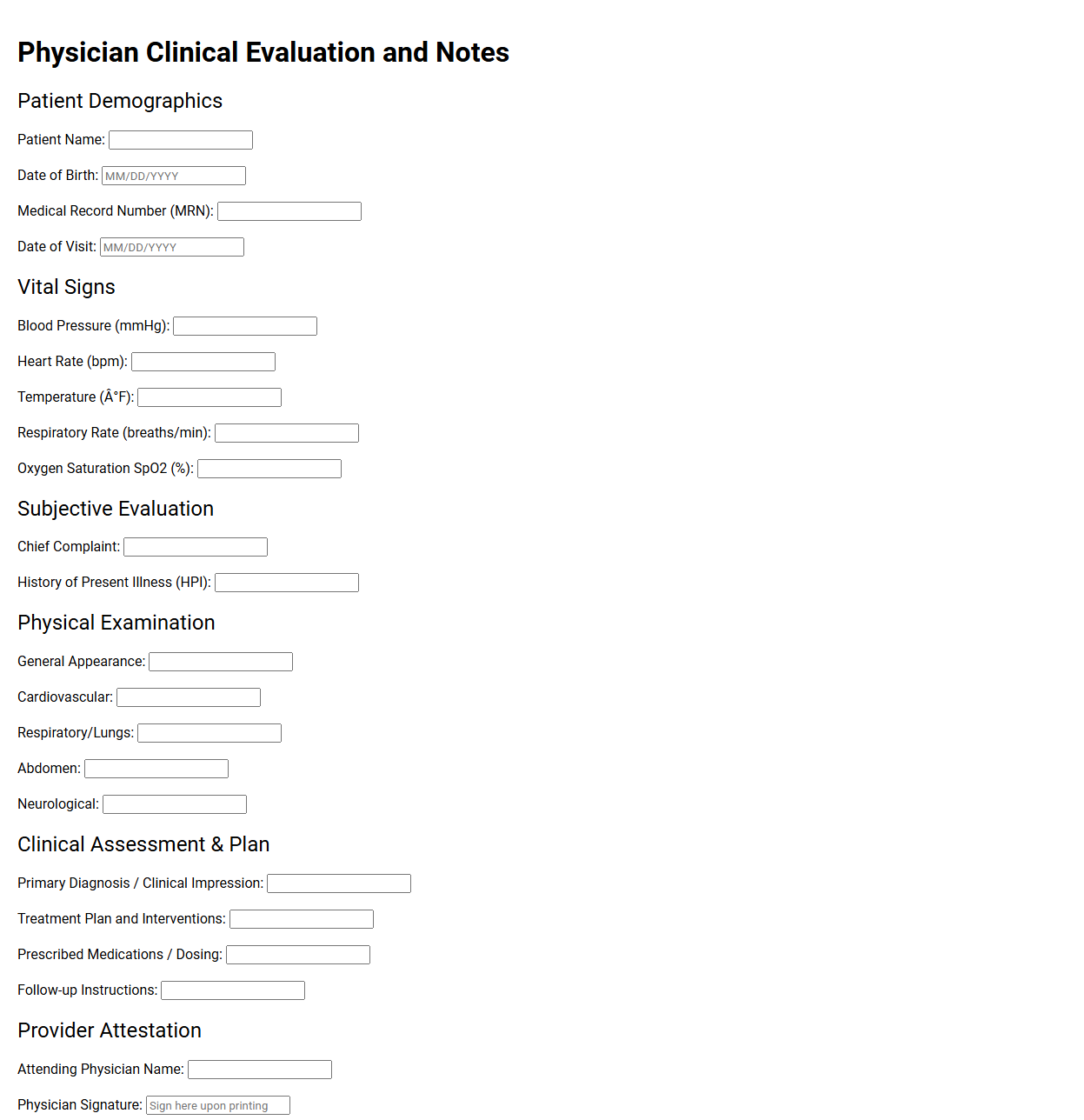 Physician Clinical Evaluation and Notes