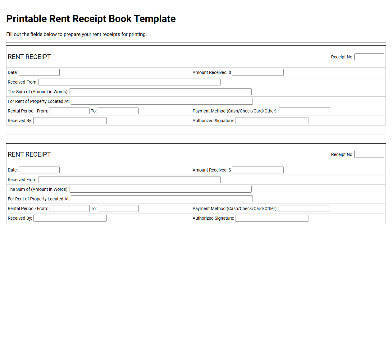 Printable Rent Receipt Book Template