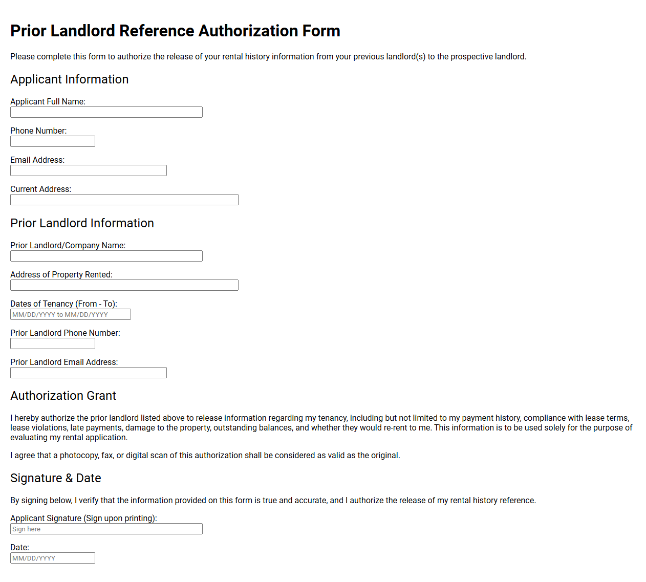 Prior Landlord Reference Authorization Form